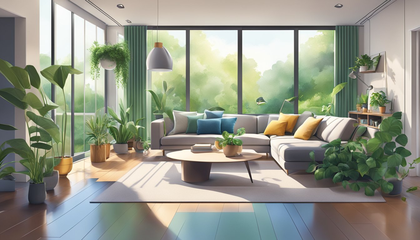 A modern living room with a Dyson purifier in the corner, surrounded by plants and natural light streaming in through the windows