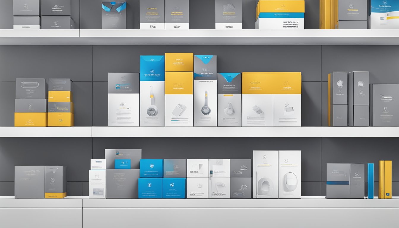 A stack of Dyson product boxes arranged neatly on a display shelf with a sign reading "Frequently Asked Questions" in a sleek and modern retail setting