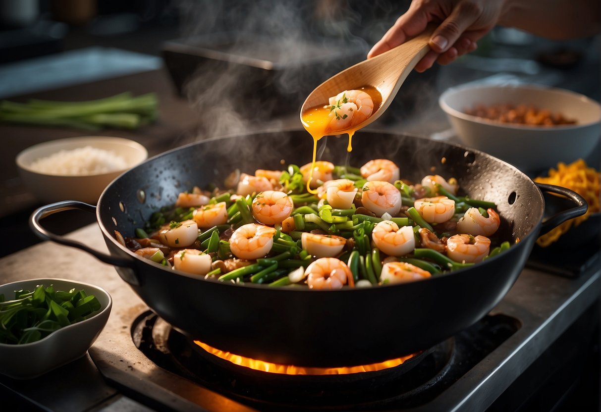 A wok sizzles as prawns and eggs are stirred. Soy sauce and green onions are added