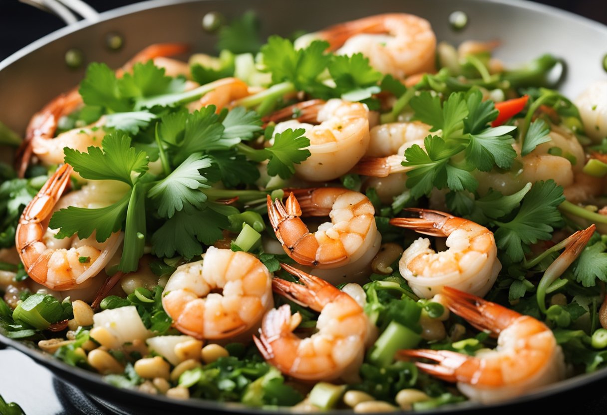 A sizzling wok filled with plump, juicy prawns, stir-fried with garlic, ginger, and chili, surrounded by vibrant green scallions and fresh cilantro