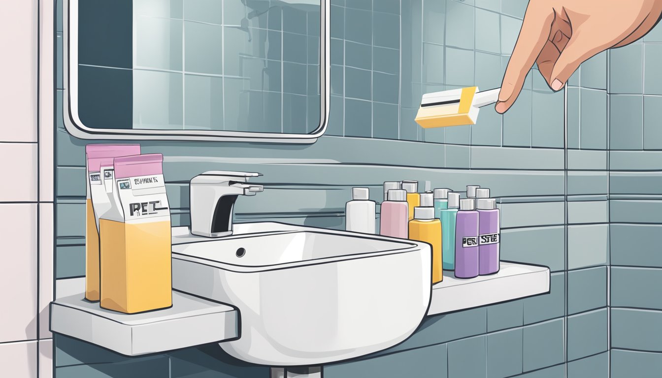 A hand reaches for a pregnancy test box on a bathroom counter. A sink and mirror are visible in the background