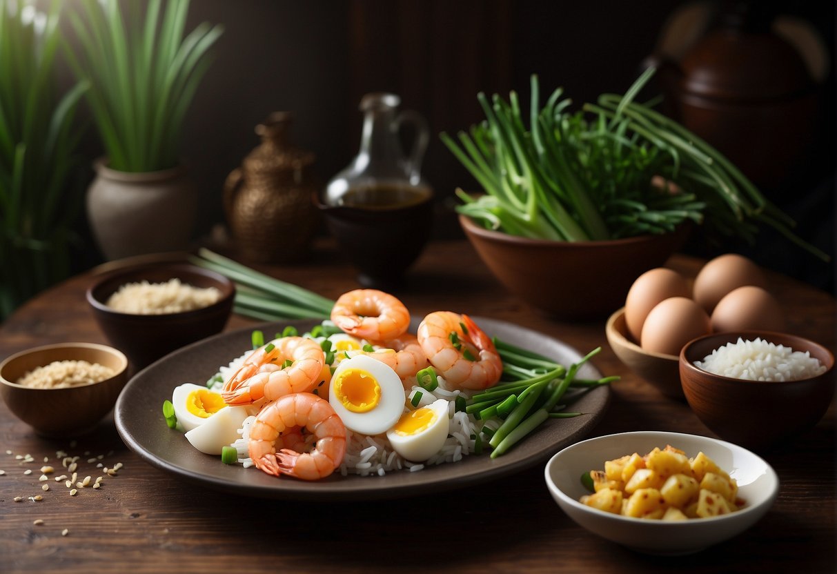 A table with a variety of fresh ingredients: prawns, eggs, green onions, garlic, ginger, soy sauce, and sesame oil