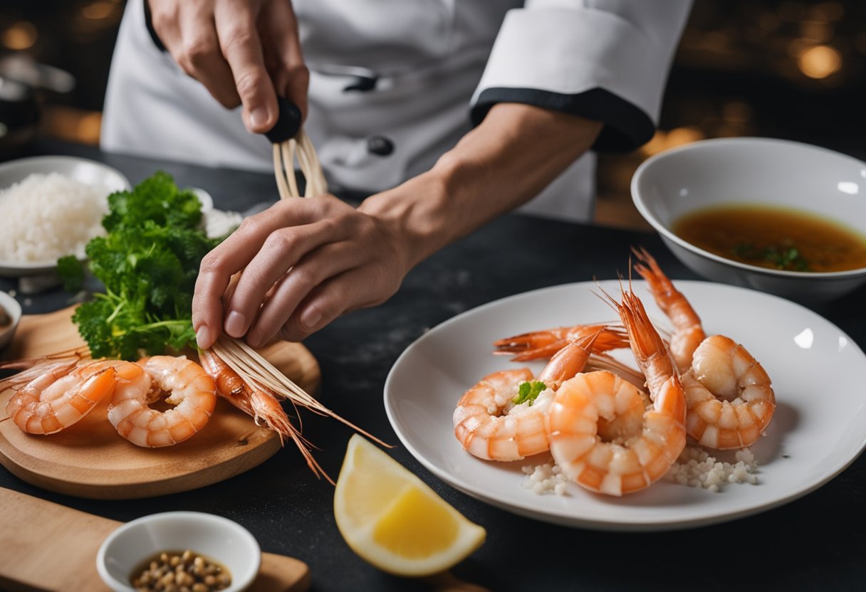 A chef cleans and deveins fresh prawns, then marinates them in a mixture of soy sauce, garlic, and ginger for a Chinese recipe