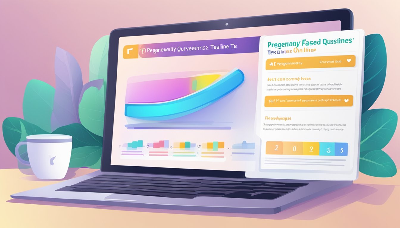 A computer screen displaying a webpage titled "Frequently Asked Questions: Buy Pregnancy Test Online" with a list of common inquiries and answers