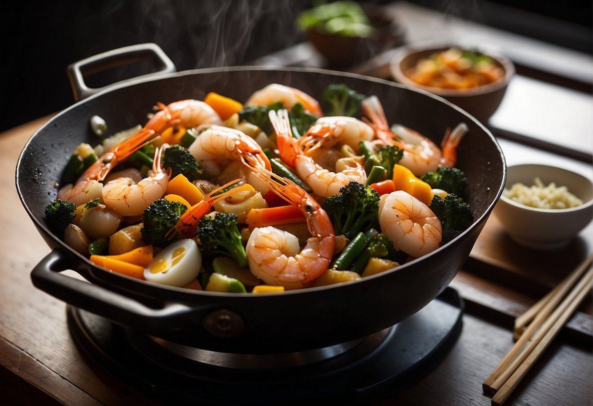 A wok sizzles with prawns, eggs, and vegetables. Chopsticks, spatula, and bowls sit nearby