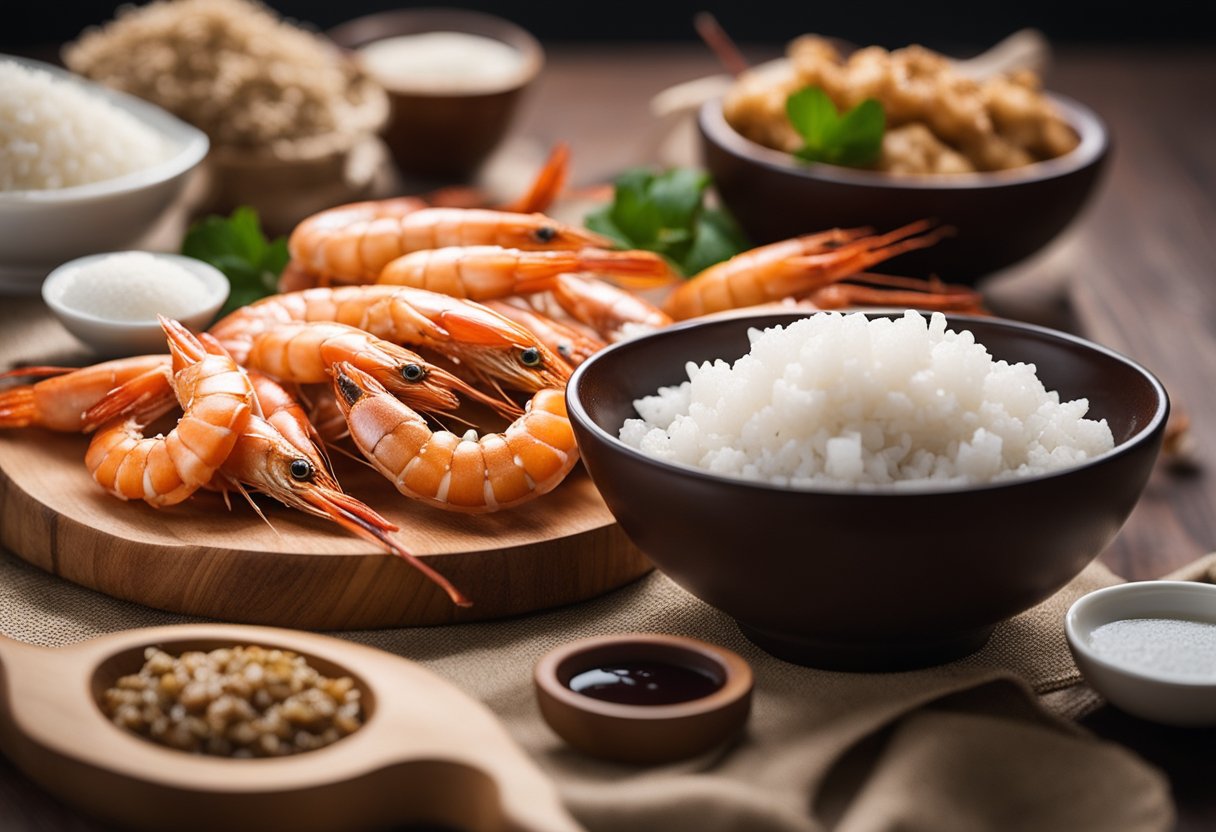 A table filled with fresh prawns, ginger, garlic, soy sauce, and chili flakes. Bowls of sesame oil, rice wine, and cornstarch sit nearby