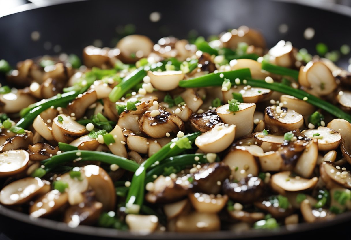 A white button mushroom stir-fry sizzling in a wok with garlic, ginger, and soy sauce. Green onions and sesame seeds sprinkled on top