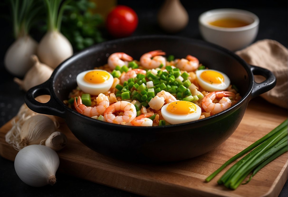 A bowl of beaten eggs mixed with prawns, green onions, and soy sauce. Chopped garlic and ginger on a cutting board. A skillet heating on the stove