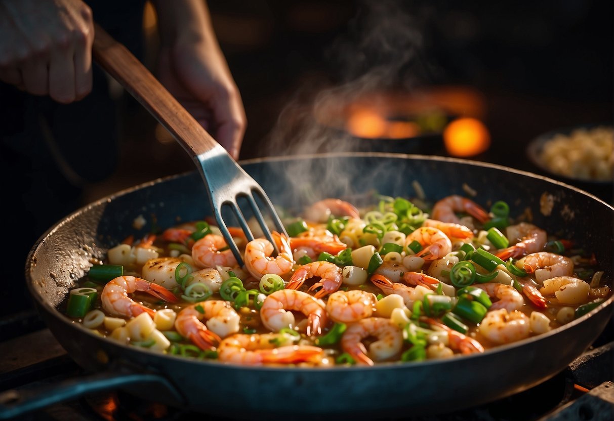 Prawns sizzling in hot wok, surrounded by beaten eggs and chopped scallions. A spatula flips the omelette, creating a golden, fluffy dish