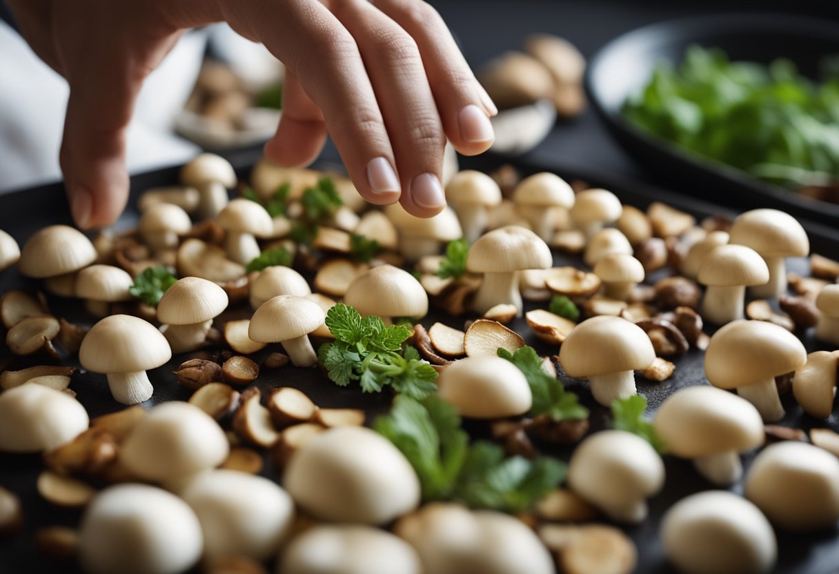 A hand reaches for white button mushrooms, ginger, and other ingredients for a Chinese recipe