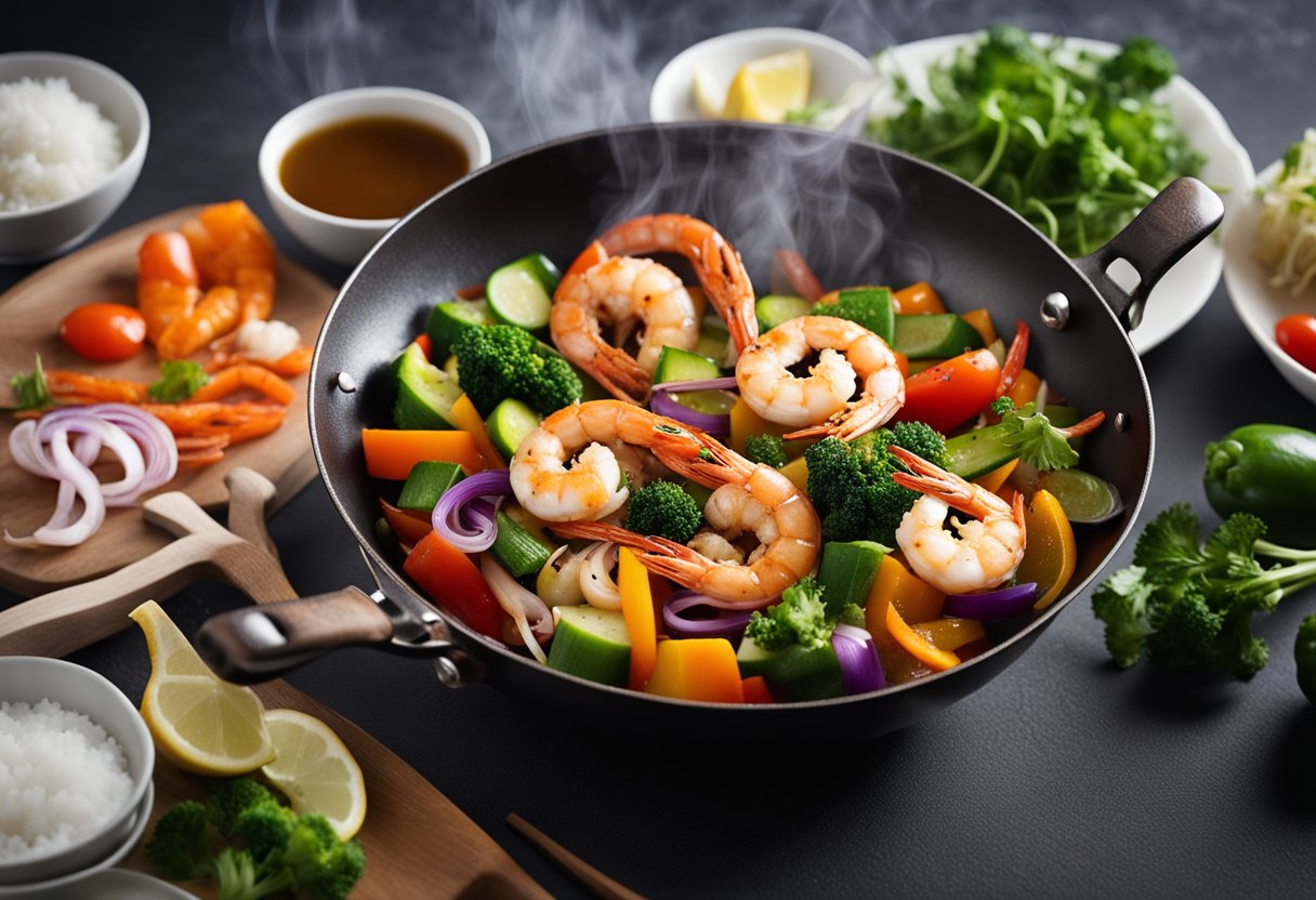 A wok sizzles with plump prawns and colorful vegetables, as steam rises from the stir fry. The chef expertly tosses the ingredients with precision and finesse