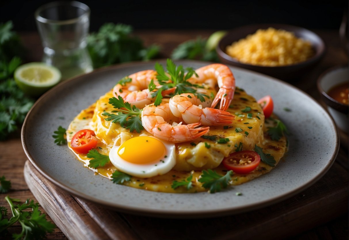 A sizzling hot wok sizzles as prawns and eggs are expertly tossed together, creating a golden and fluffy Chinese prawn omelette. Garnished with fresh herbs and served on a decorative plate