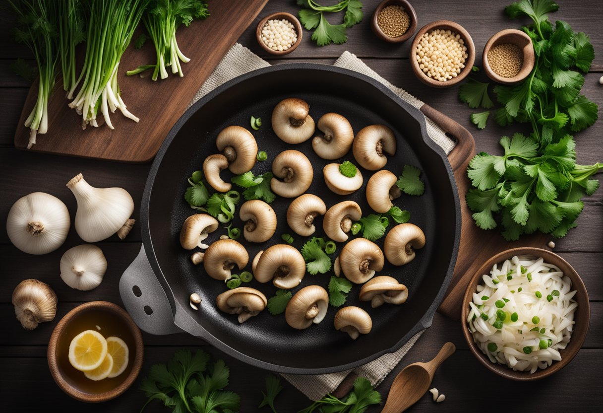 Sliced mushrooms in a wok with ginger, garlic, and soy sauce. Chopped green onions and cilantro on a cutting board