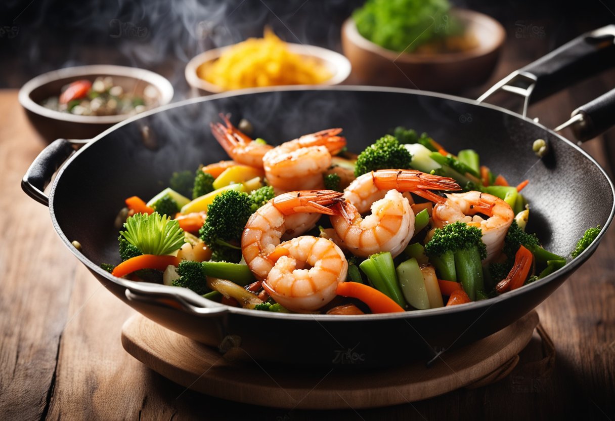 A sizzling wok filled with plump, succulent prawns, stir-fried with vibrant vegetables and aromatic spices, emitting a tantalizing aroma