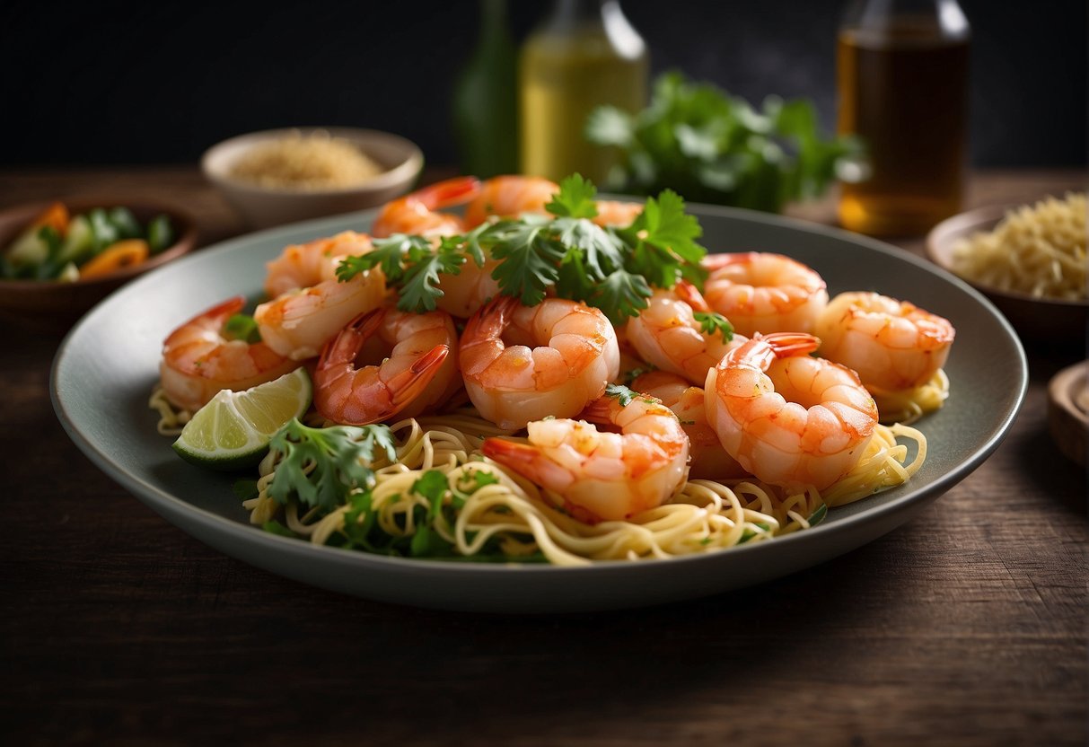 A table with a plate of Chinese prawn omelette, surrounded by various social media icons and a smartphone displaying the recipe