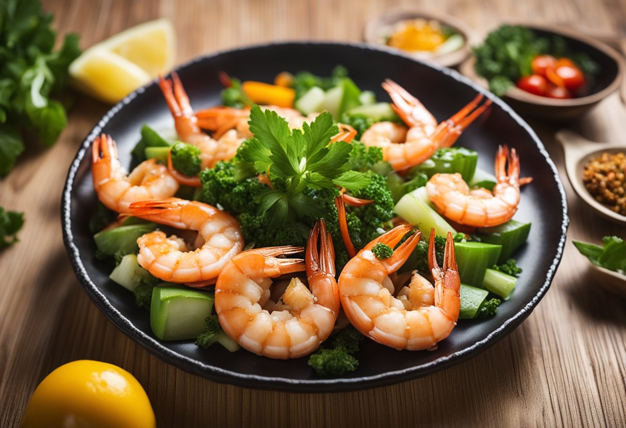 A platter of sizzling Chinese prawns, garnished with fresh herbs, surrounded by colorful vegetables and served on a decorative plate