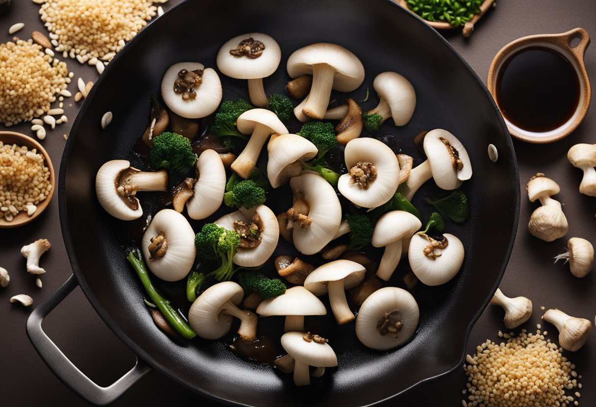 White button mushrooms sizzling in a hot wok with garlic and ginger, as a chef tosses them with soy sauce and sesame oil