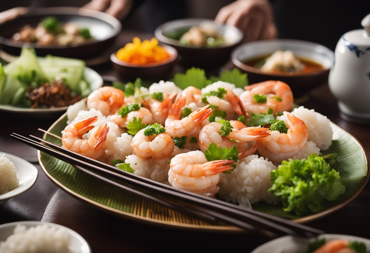 A table filled with various Chinese prawn dishes, steam rising, chopsticks nearby