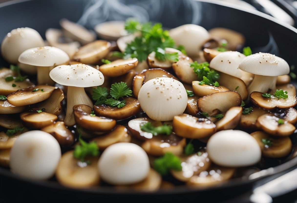 Sliced white button mushrooms stir-fried in a wok with soy sauce, garlic, and ginger. Steam rises from the sizzling mushrooms as they cook