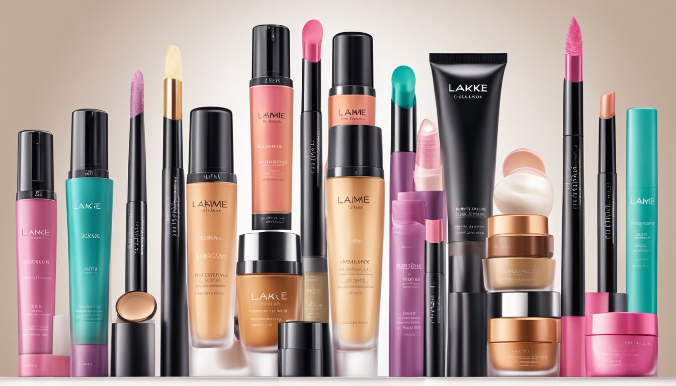 An array of Lakme cosmetics displayed on a sleek, modern shelf with vibrant colors and elegant packaging