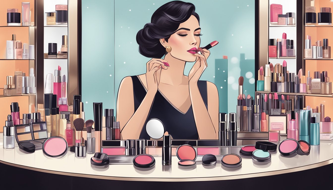 A glamorous woman applying Lakme lipstick, surrounded by a variety of Lakme beauty products displayed on a sleek, modern vanity table