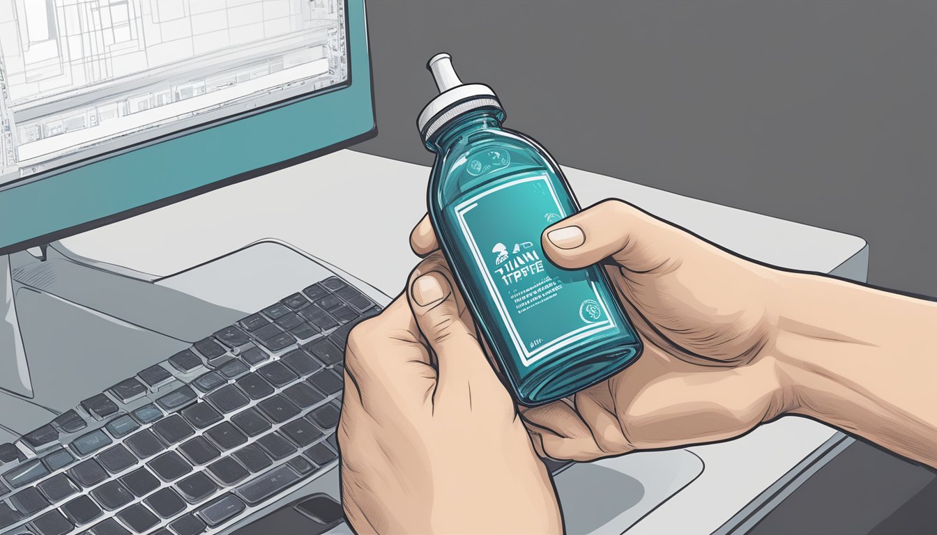 A hand reaching for a bottle of Tianeptine on a computer screen