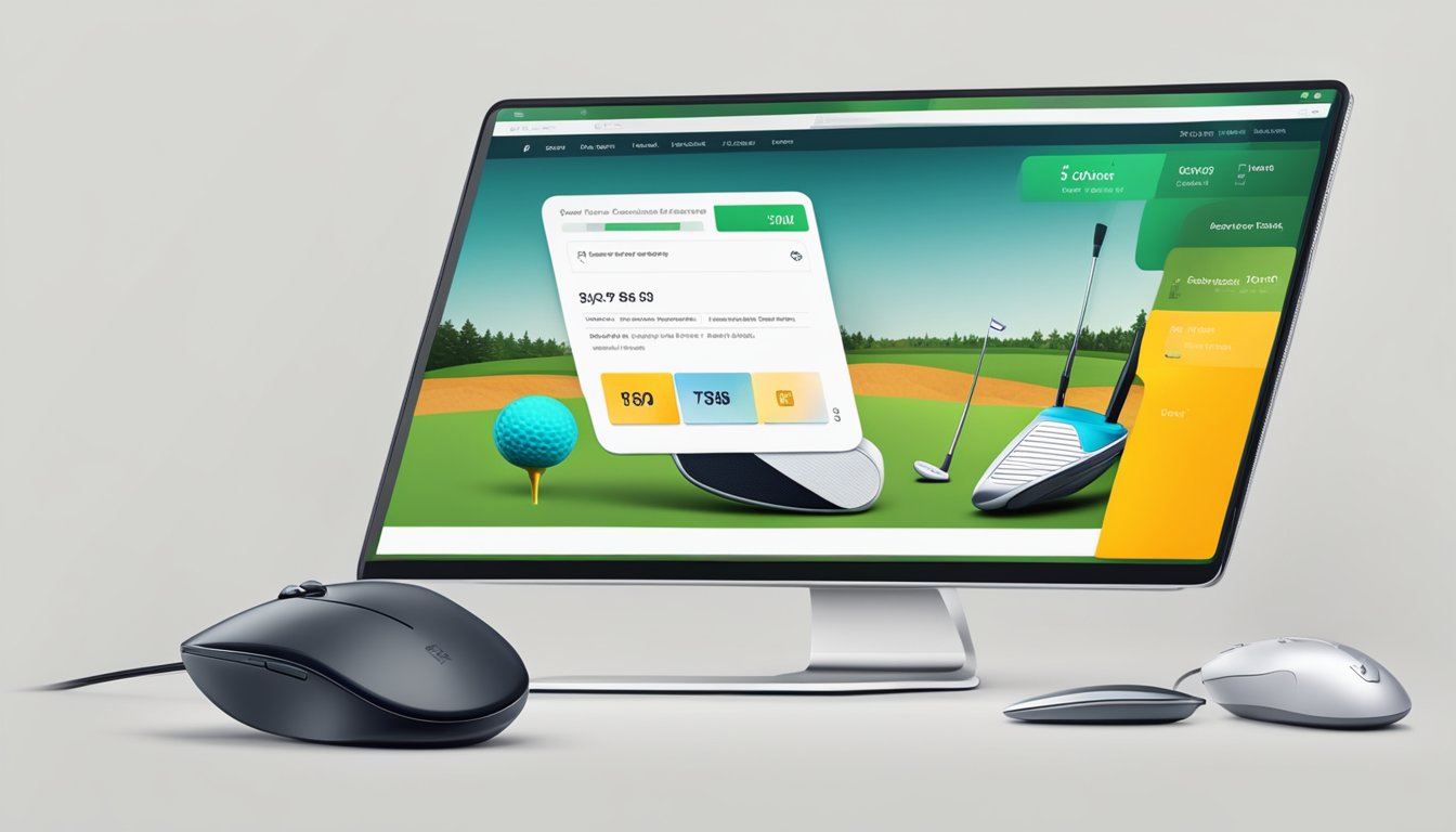 A computer screen displaying a golf driver product page with a "buy now" button highlighted. A credit card and a mouse nearby