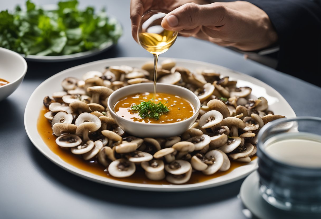 A hand reaches for a platter of sautéed white button mushrooms, alongside a bowl of savory Chinese sauce. A glass of white wine sits nearby, ready for pairing