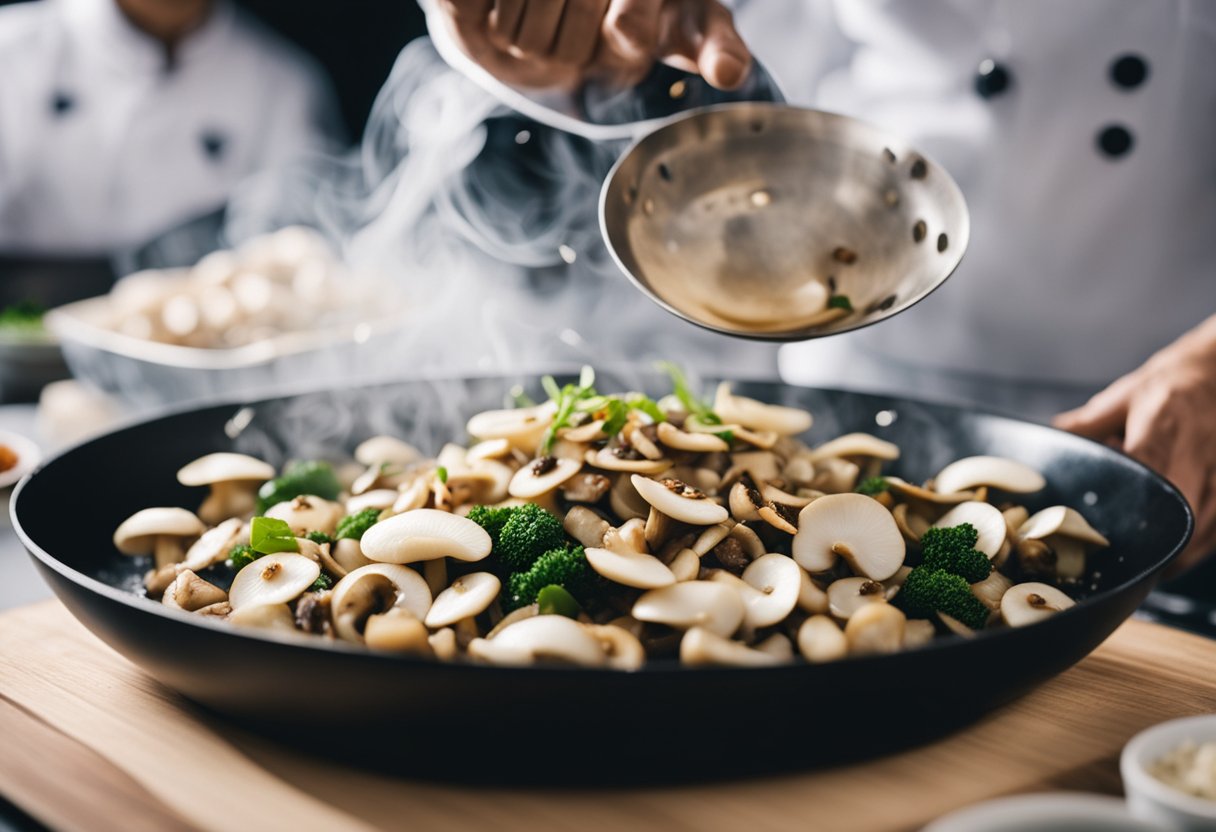 A white button mushroom is being sliced and stir-fried in a wok with Chinese spices and sauces, creating a savory aroma