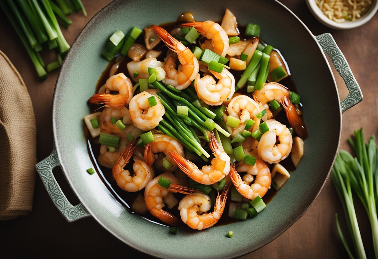 A sizzling wok filled with plump prawns coated in savory Chinese gravy, surrounded by vibrant green onions, garlic, and ginger