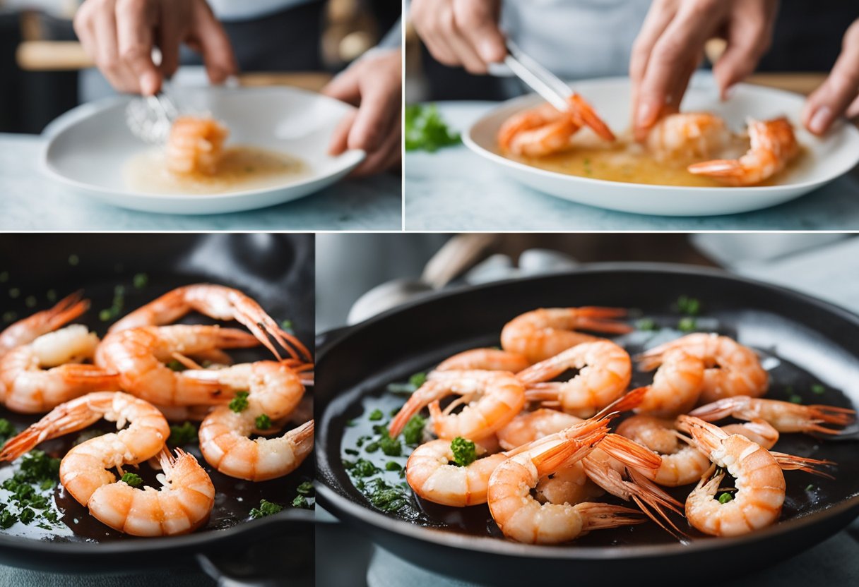 Prawns being cleaned and deveined, ingredients prepared for Chinese prawn recipe with gravy