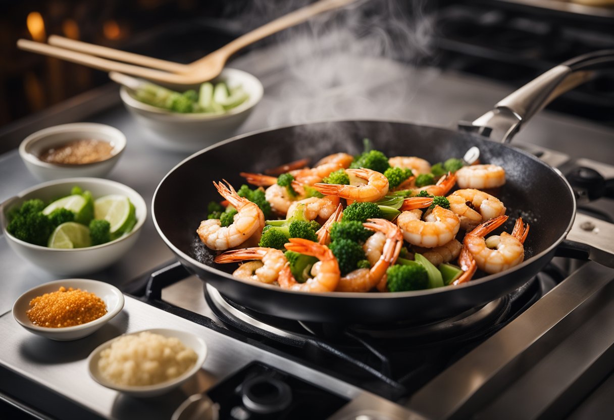 A wok sizzles with prawns, garlic, ginger, and soy sauce. Cornstarch and water mix in a bowl. A rich, aromatic gravy simmers on the stove