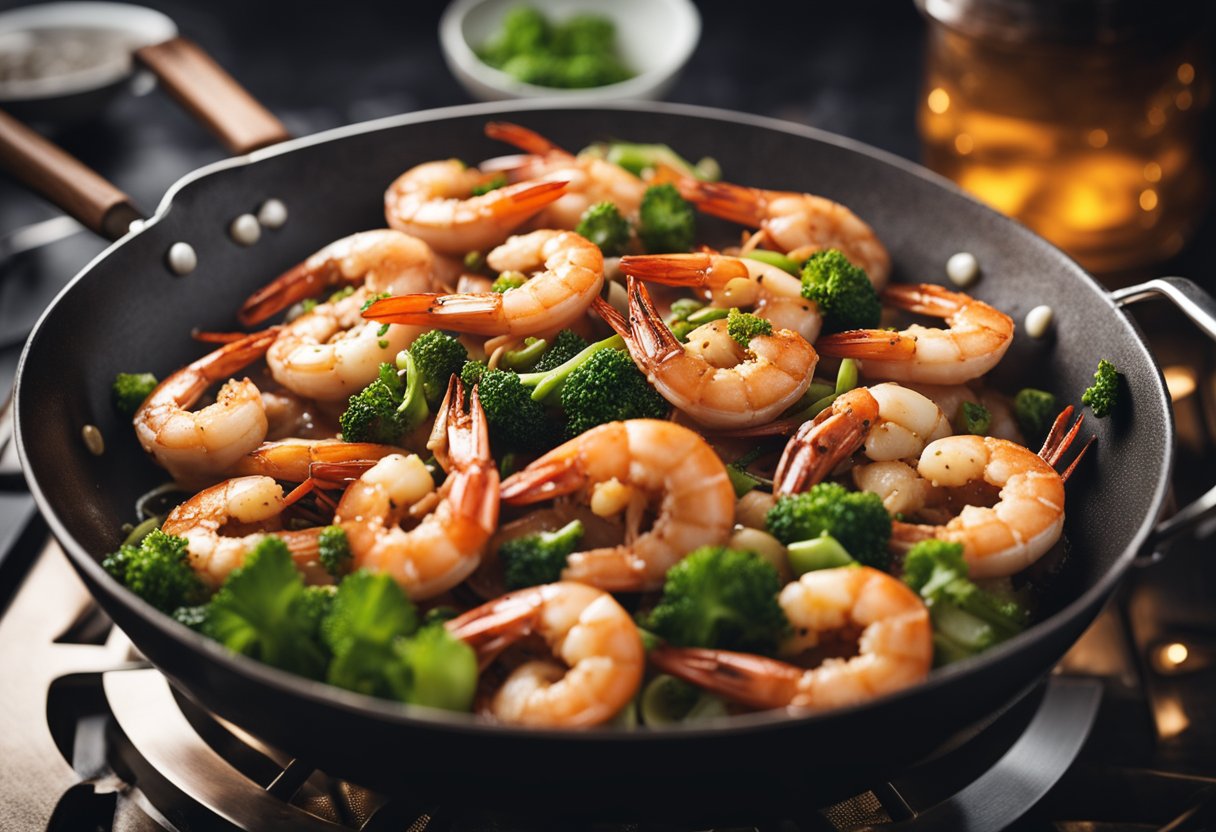 Prawns being stir-fried in a wok with aromatic spices and thick gravy simmering in the background