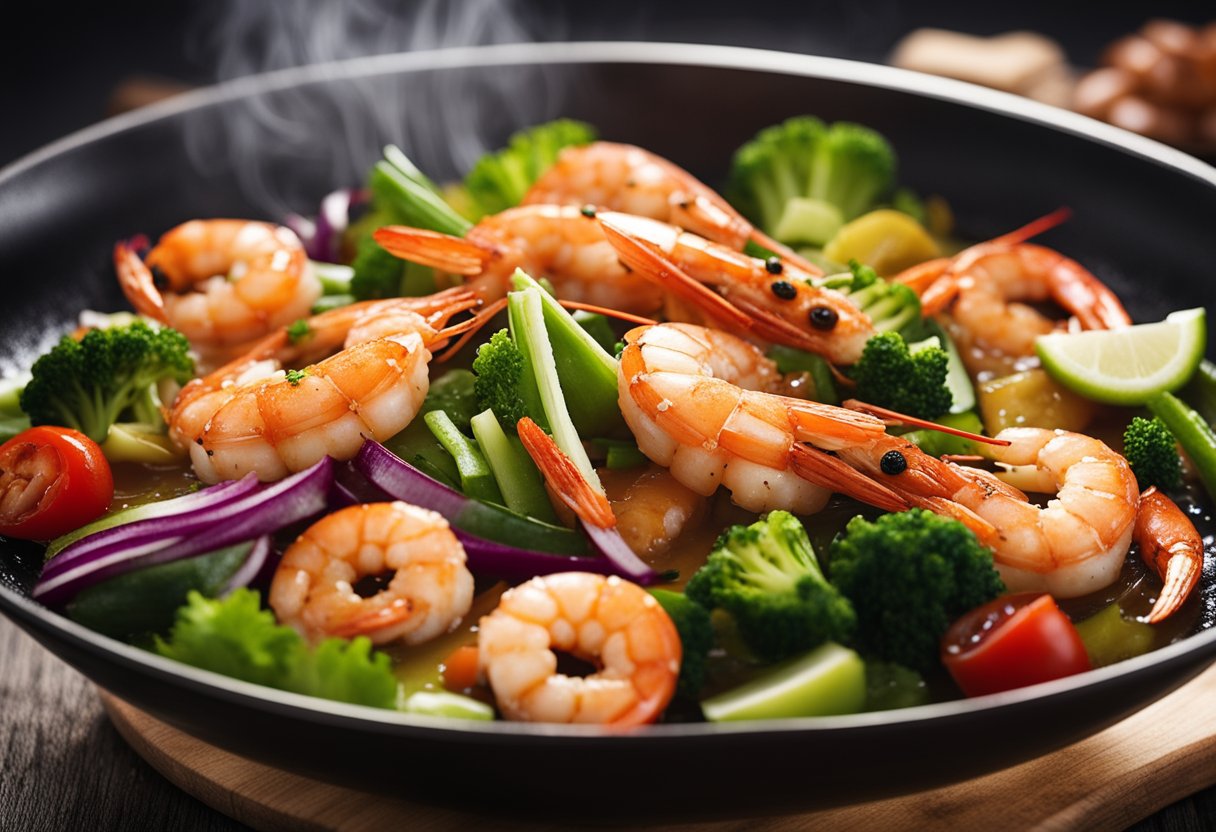 A sizzling wok filled with plump prawns and vibrant vegetables, bathed in a rich, glossy gravy infused with aromatic Chinese flavors