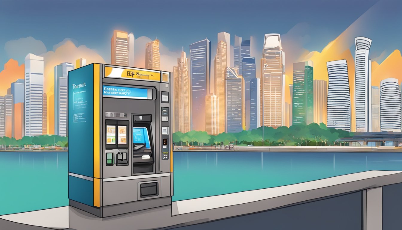A hand reaches out to purchase train tickets from a vending machine, with a backdrop of the Singapore skyline