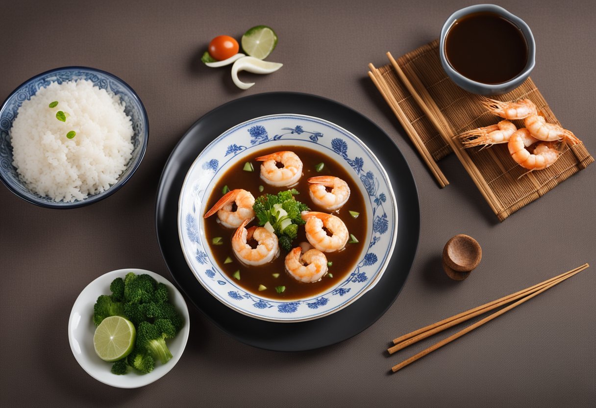 A plate of Chinese prawn recipe with gravy, surrounded by chopsticks and a bowl of steamed rice