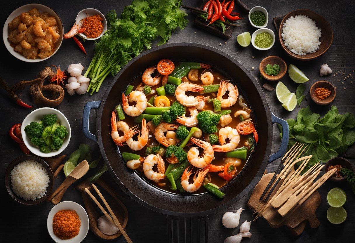 A steaming wok sizzles with Chinese prawns in savory gravy, surrounded by vibrant ingredients and cooking utensils