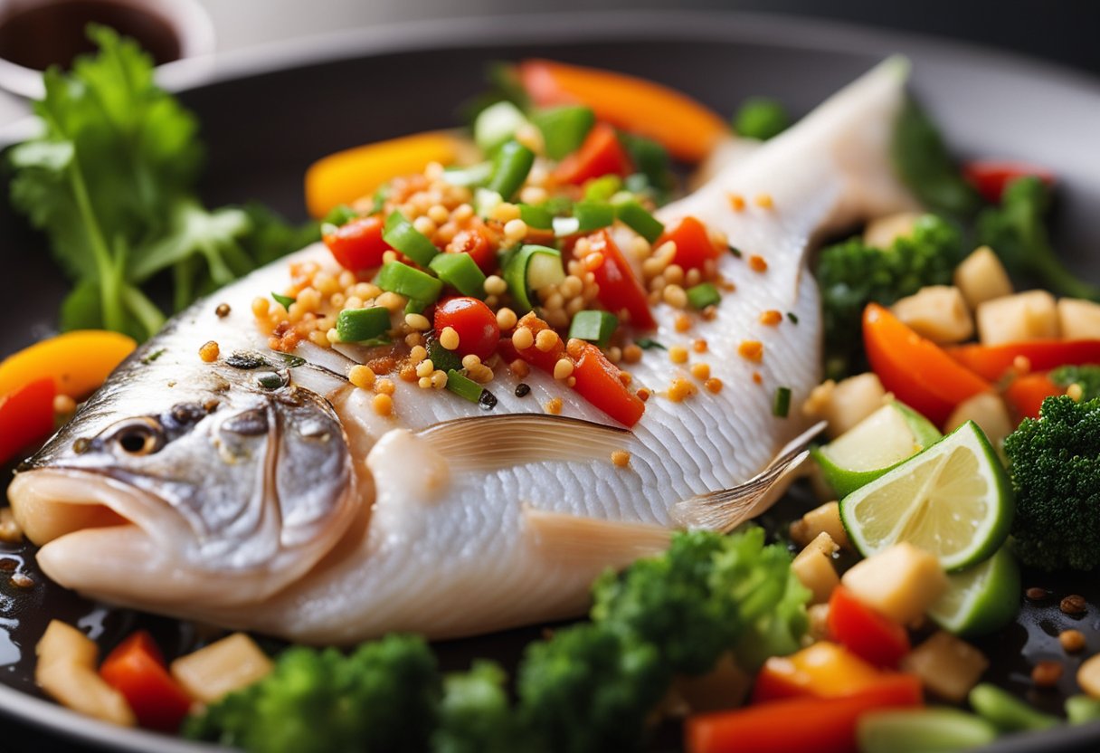A white fish, seasoned with traditional Chinese spices, sizzling in a wok with vibrant vegetables and aromatic sauces