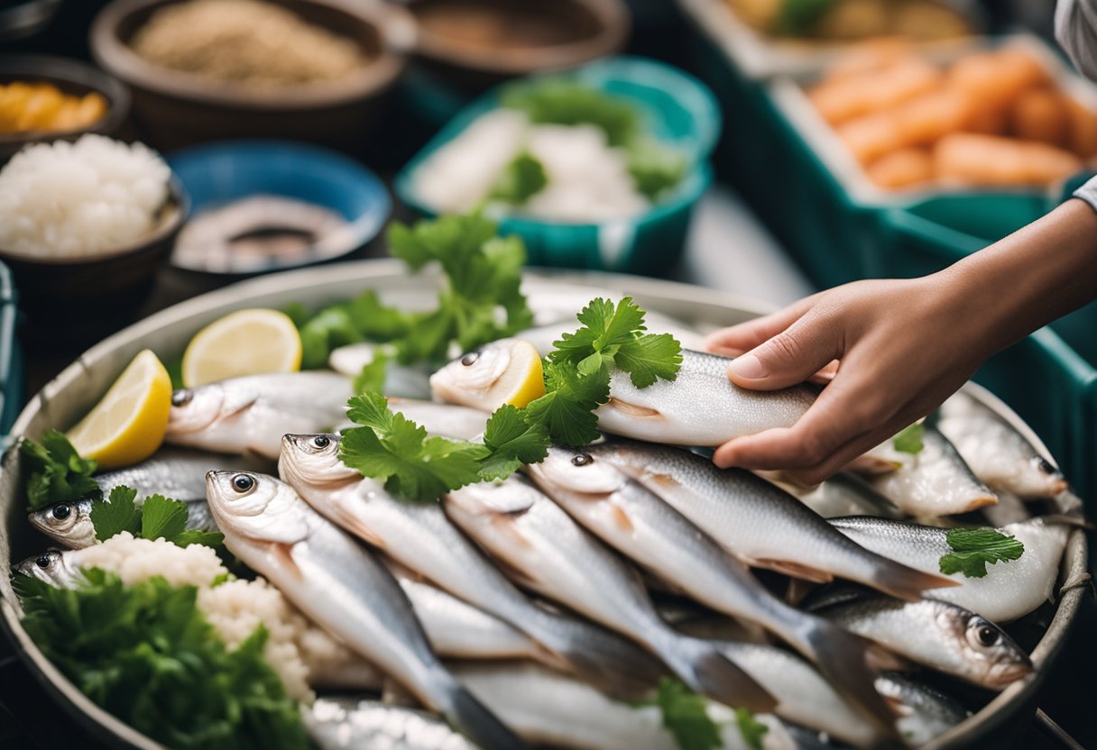 A hand reaches for fresh white fish at a market, with Chinese recipe ingredients in the background