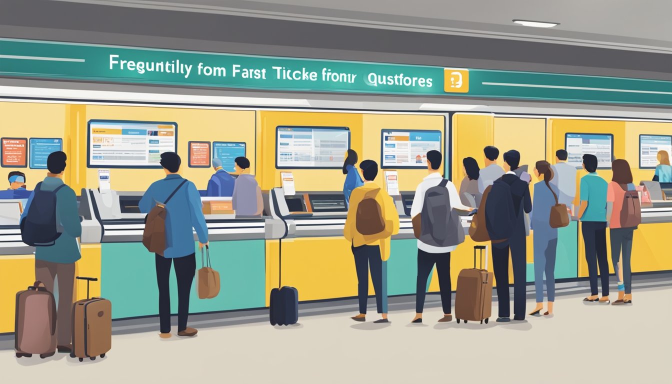 Passengers lining up at ticket counter, train departing station, sign indicating "Frequently Asked Questions" for buying tickets to JB from Singapore