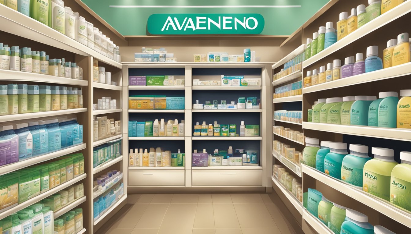 A bustling pharmacy shelf displays Aveeno products in Singapore