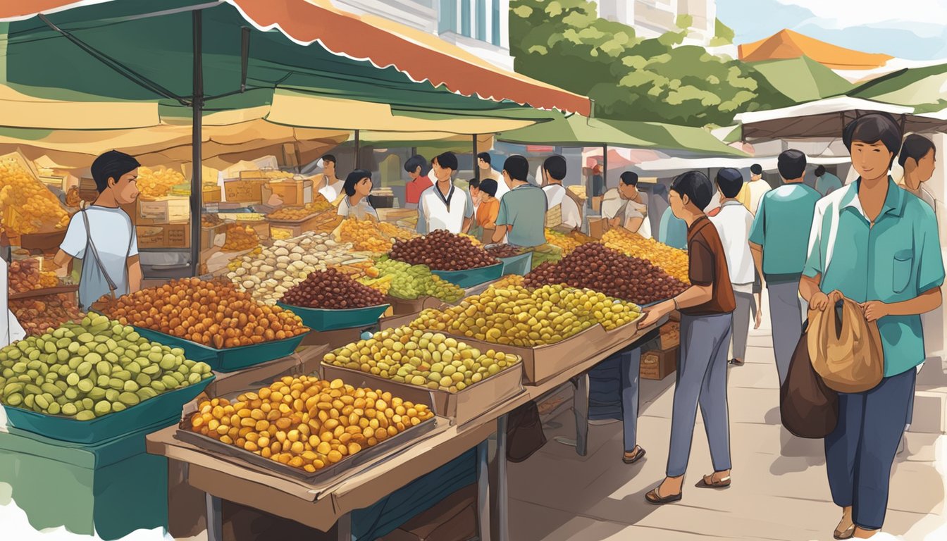 A vibrant marketplace stall displays ripe Medjool dates with a sign reading "Must-Try in Singapore." Surrounding vendors and shoppers add to the bustling atmosphere
