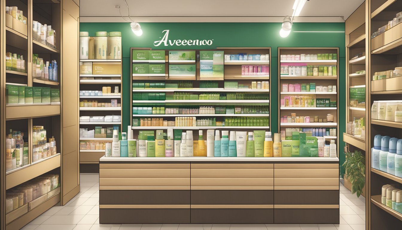 A Aveeno product displayed on a shelf in a Singaporean store, surrounded by other skincare items