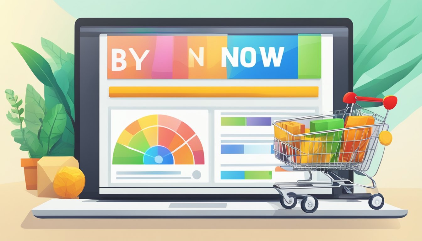 A computer screen displaying a website with the words "buy now" and an online shopping cart icon
