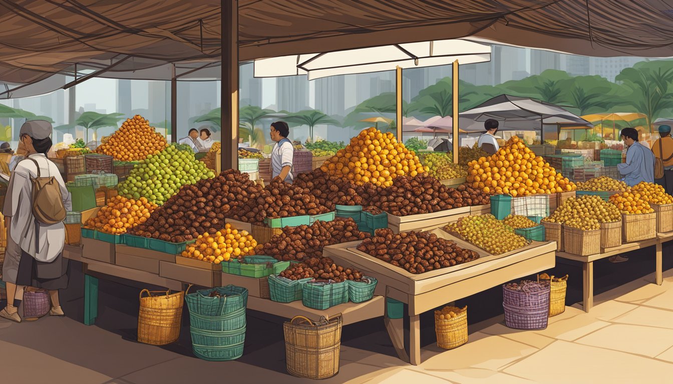 A display of Medjool dates at a market in Singapore, with various packages and baskets of the fruit neatly arranged for sale