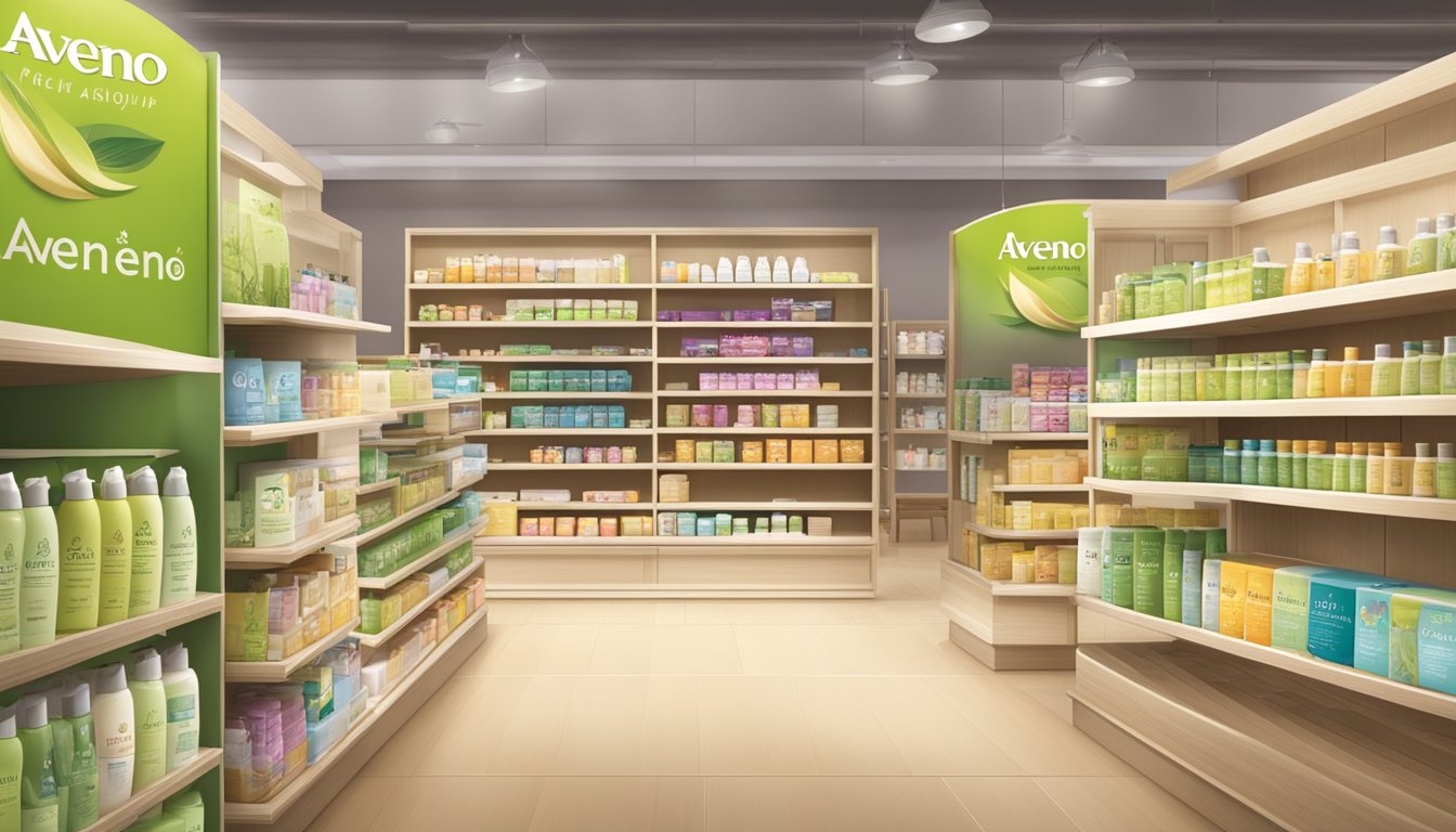 A bright and inviting display of Aveeno products on shelves, with a prominent sign indicating "Where to buy Aveeno in Singapore."