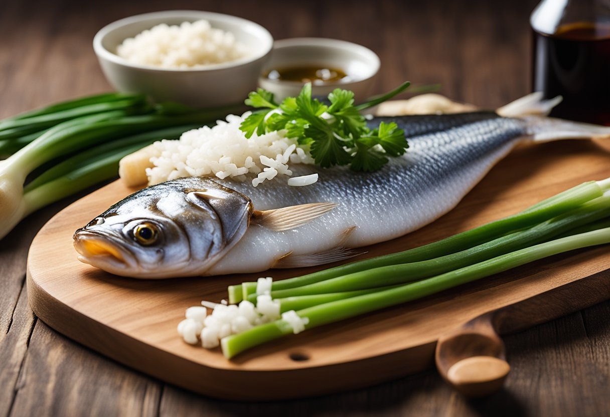 A white fish, ginger, garlic, and soy sauce on a wooden cutting board with a bowl of green onions and a bottle of rice vinegar nearby