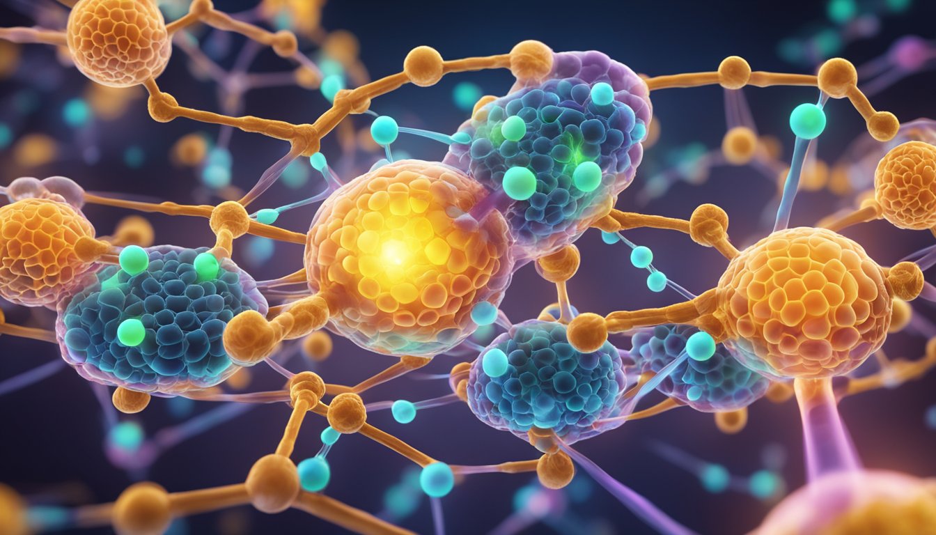A glowing molecule of NAD floats within a cell, surrounded by other cellular components. Its role in energy production and DNA repair is evident in its vibrant activity