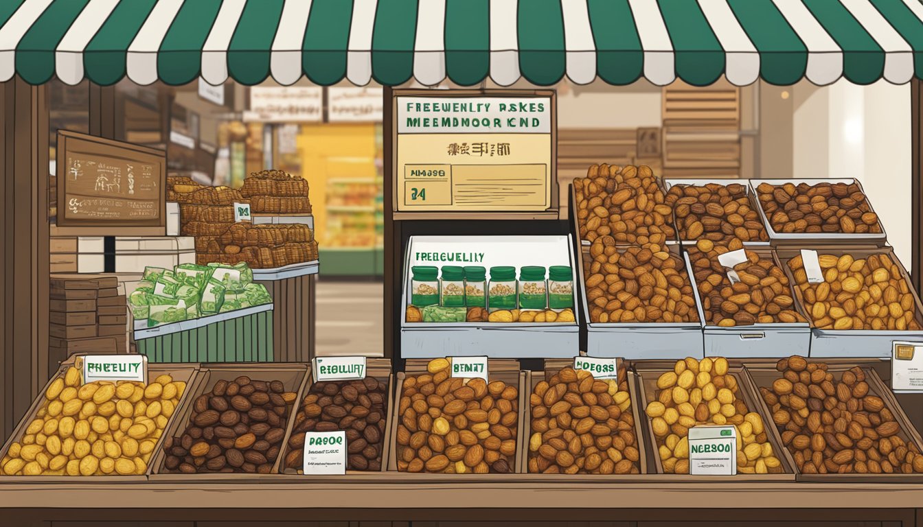 A display of fresh medjool dates in a Singaporean market, with various packaging options and a sign indicating "Frequently Asked Questions" about the product