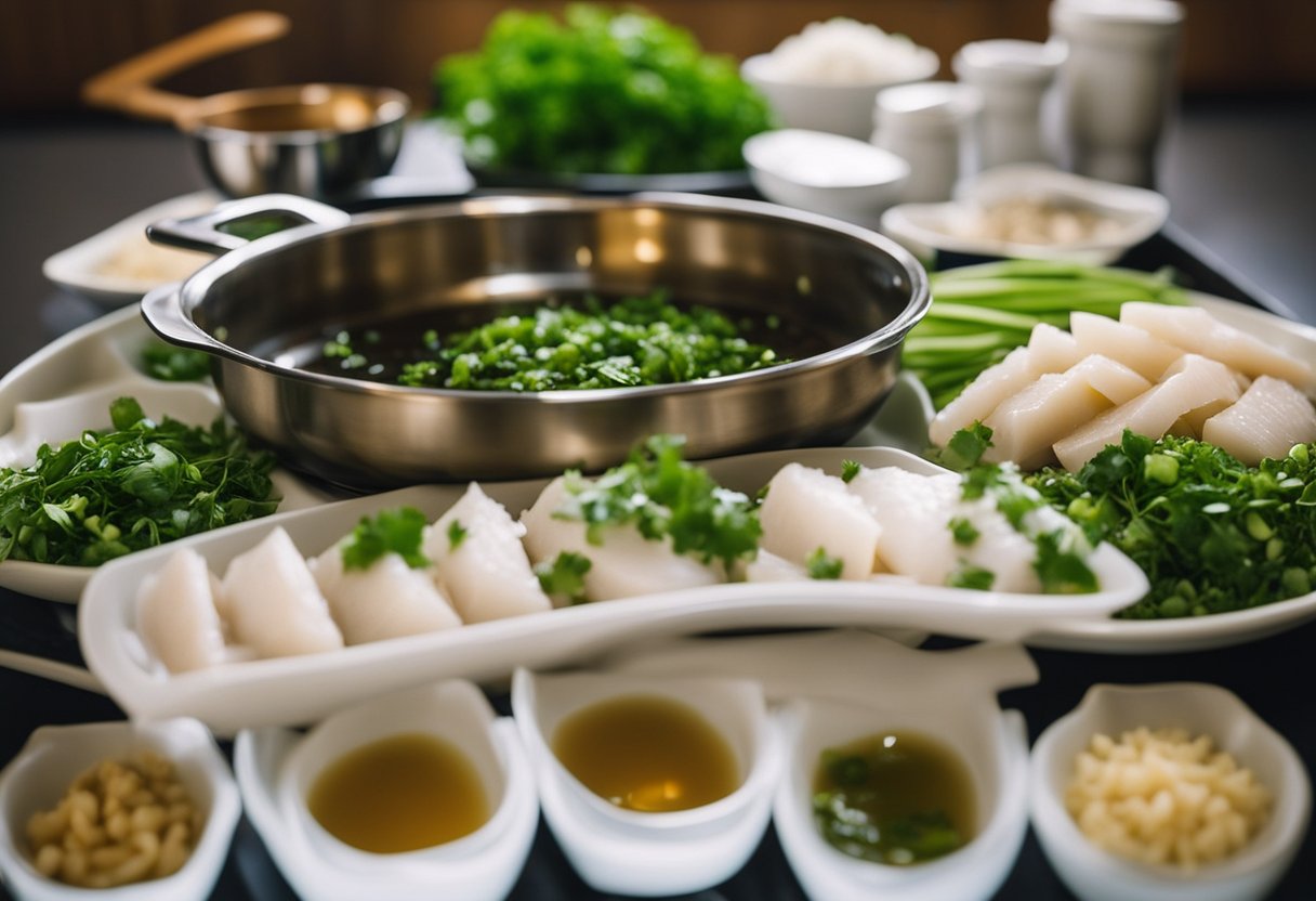 White fish fillets marinating in soy sauce, ginger, and garlic. Chopped scallions and cilantro ready for garnish. Wok and cooking utensils on the counter